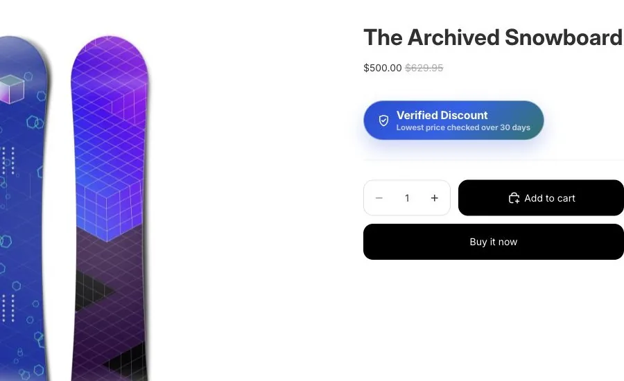 Real storefront product page showing the Verified Discount badge below the snowboard price and above the purchase controls.
