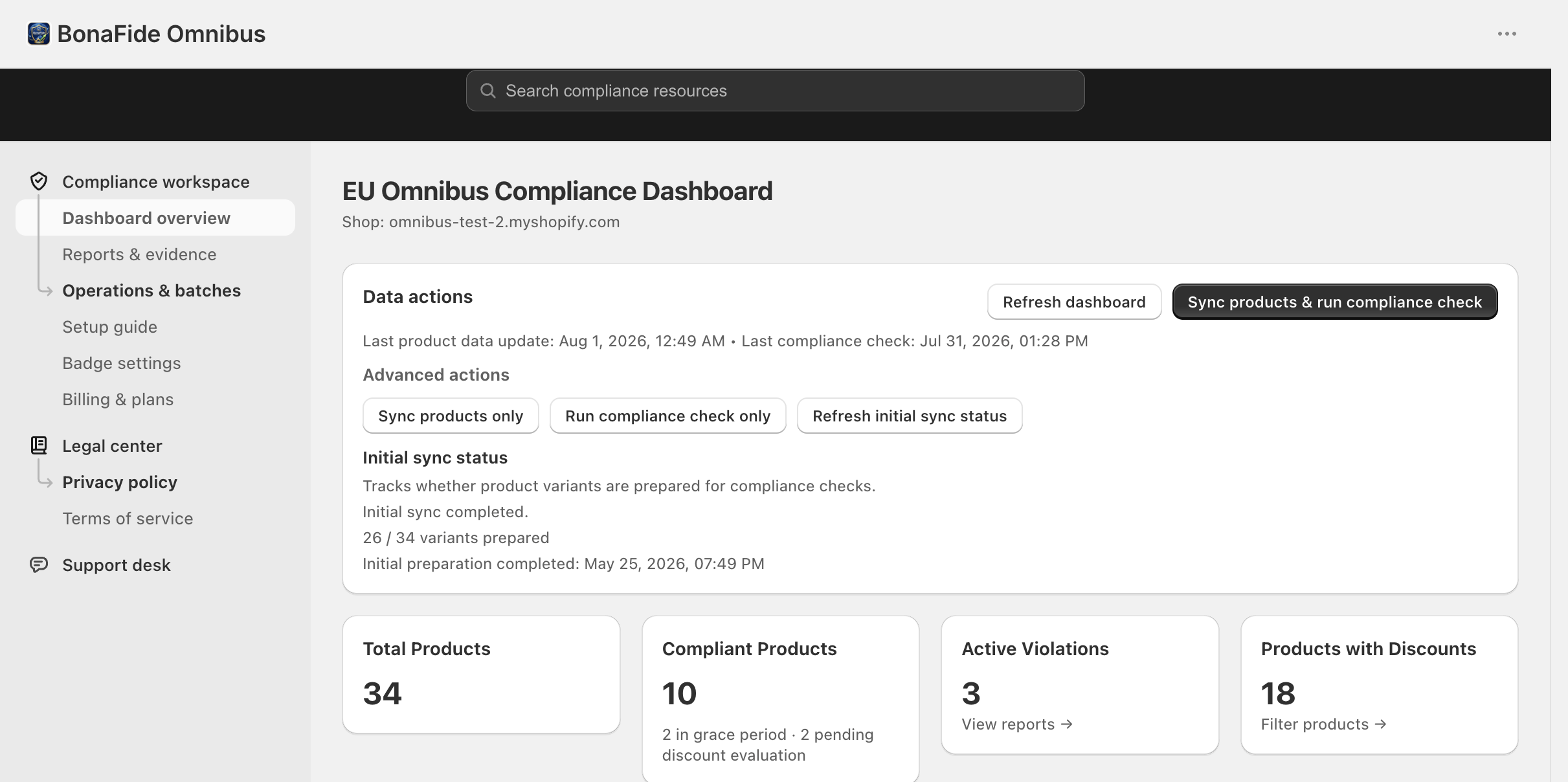 BonaFide dashboard showing monitored price data